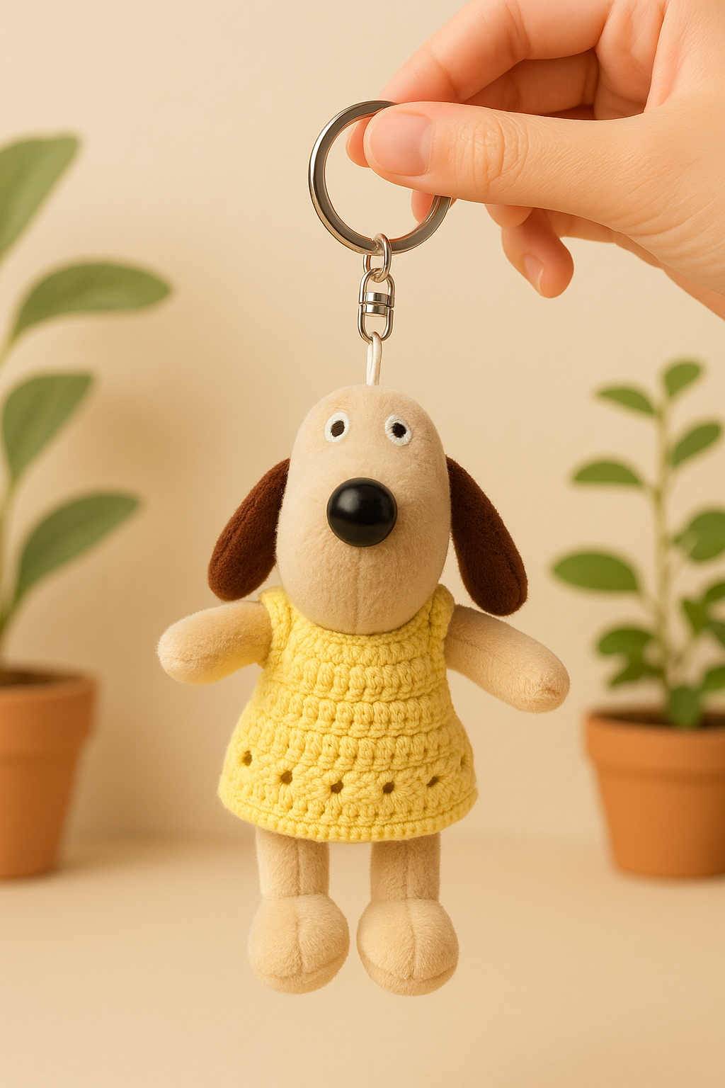 Cute Plush Dog Keychain with Crochet Dress – Soft Toy Charm