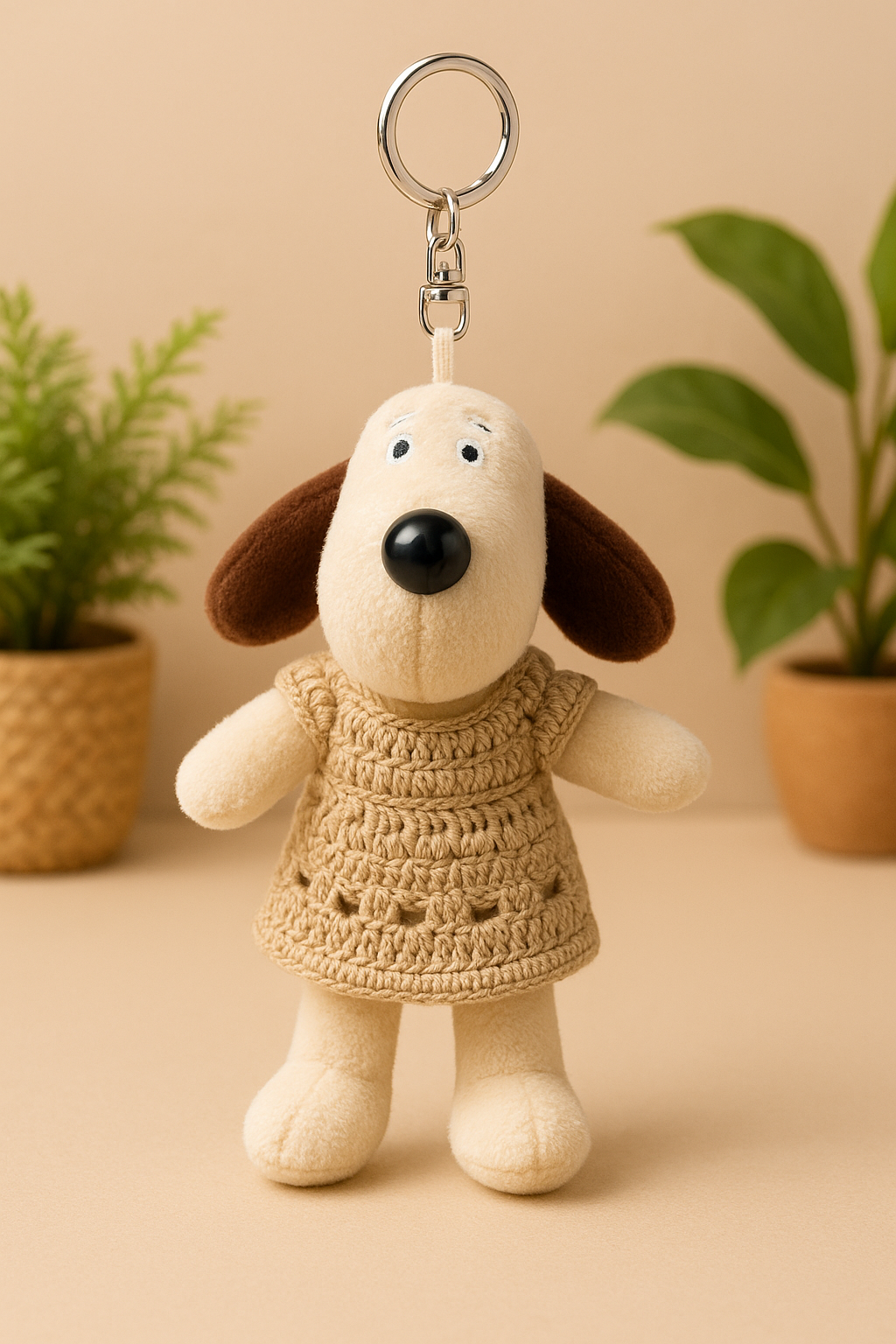 Cute Plush Dog Keychain with Crochet Dress – Soft Toy Charm