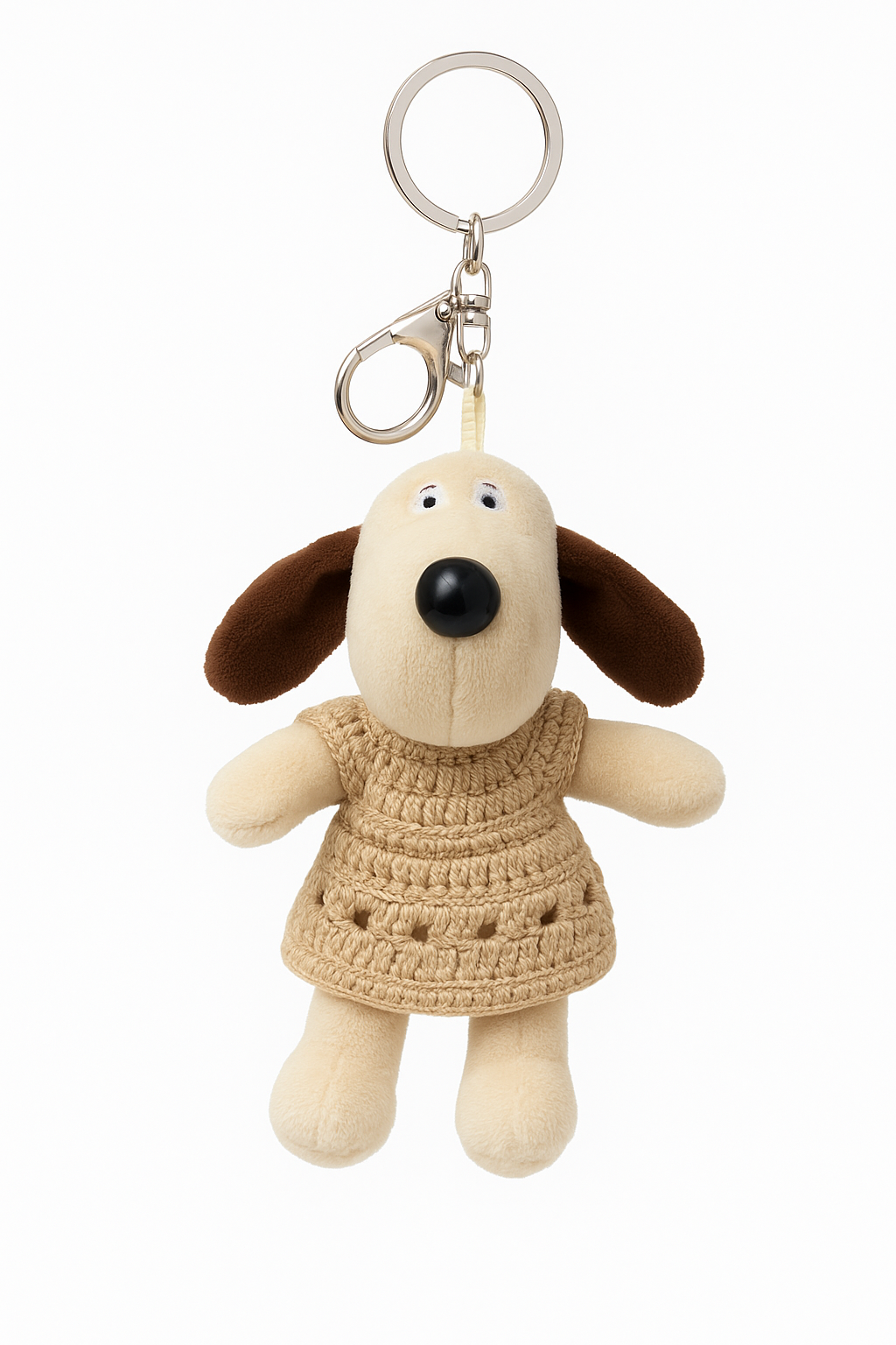 Cute Plush Dog Keychain with Crochet Dress – Soft Toy Charm