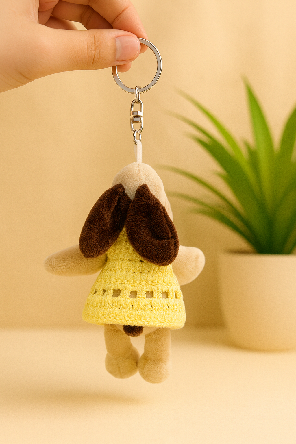 Cute Plush Dog Keychain with Crochet Dress – Soft Toy Charm