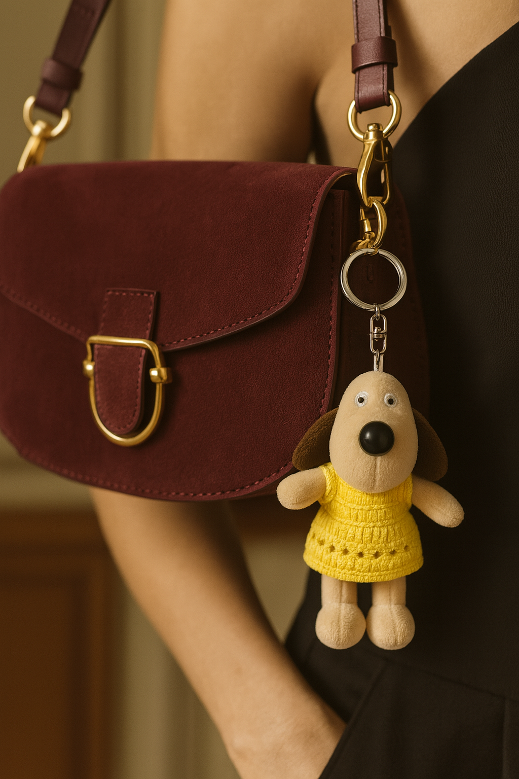 Cute Plush Dog Keychain with Crochet Dress – Soft Toy Charm