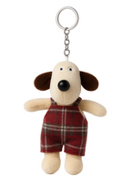 Plush dog keychain with a red plaid outfit on a white background