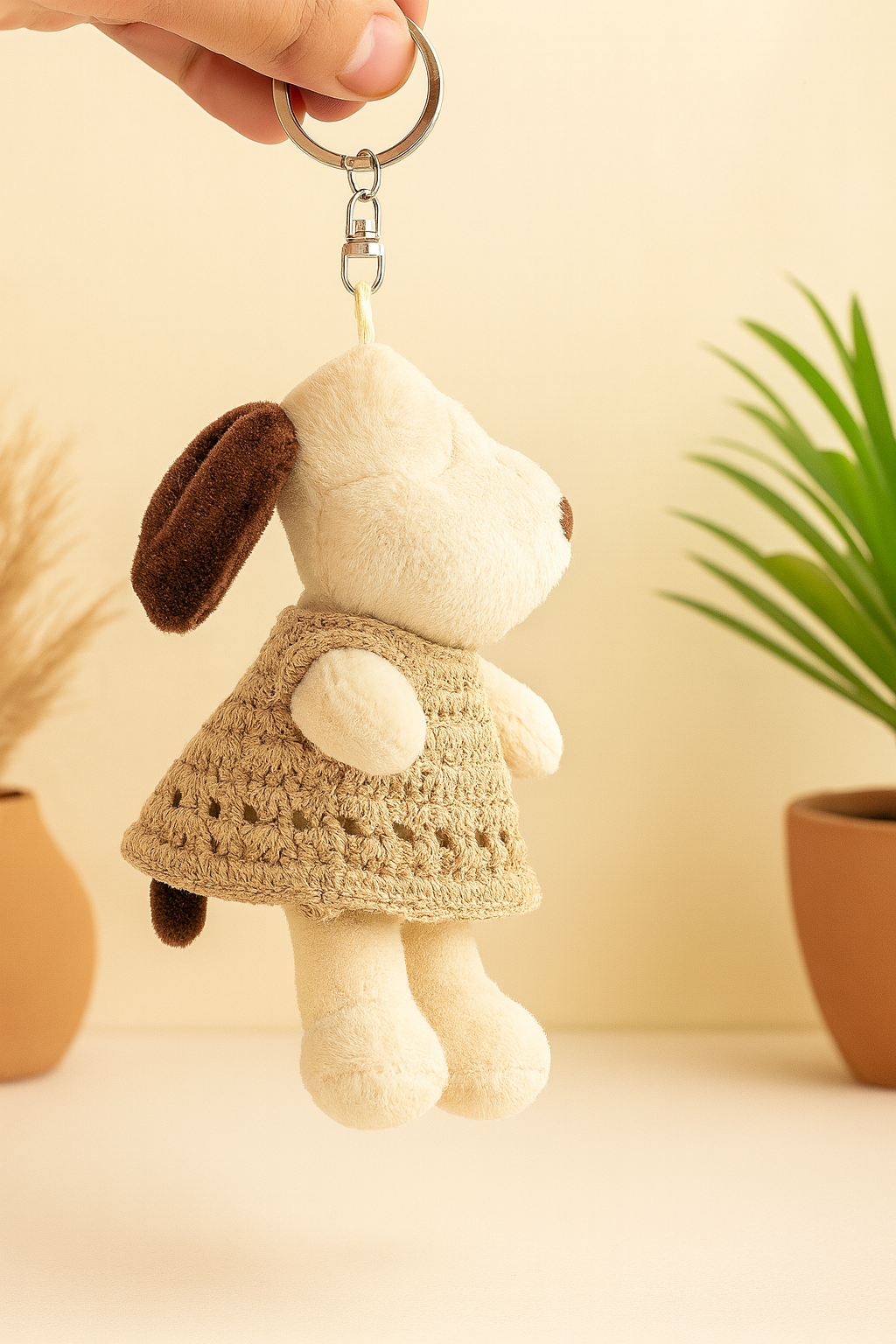 Cute Plush Dog Keychain with Crochet Dress – Soft Toy Charm