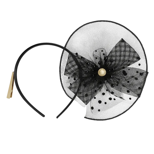 Black and white headband with decorative bow on a white background