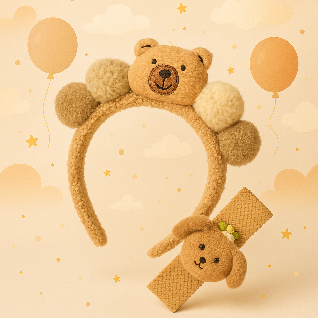 Plush Hairband & Hairbelt Set for Girls – Soft Cartoon Bear Headband & Elastic Bunny Hair Belt for Toddlers and Kids
