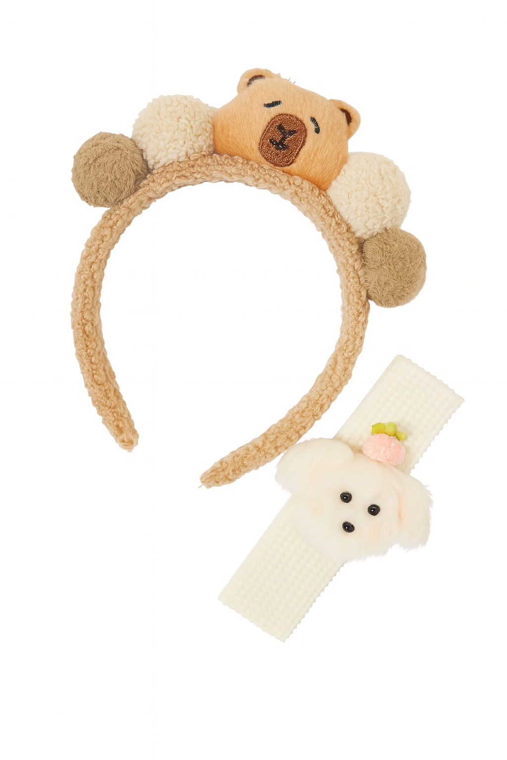 Whumies Plush Hairband & Hairbelt Set for Girls – Soft Cartoon Bear Headband & Elastic Bunny Hair Belt for Toddlers and Kids
