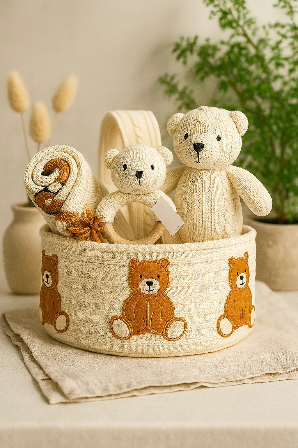 Whumies Knitted Teddy Bear Gift Basket | Premium Gift Set