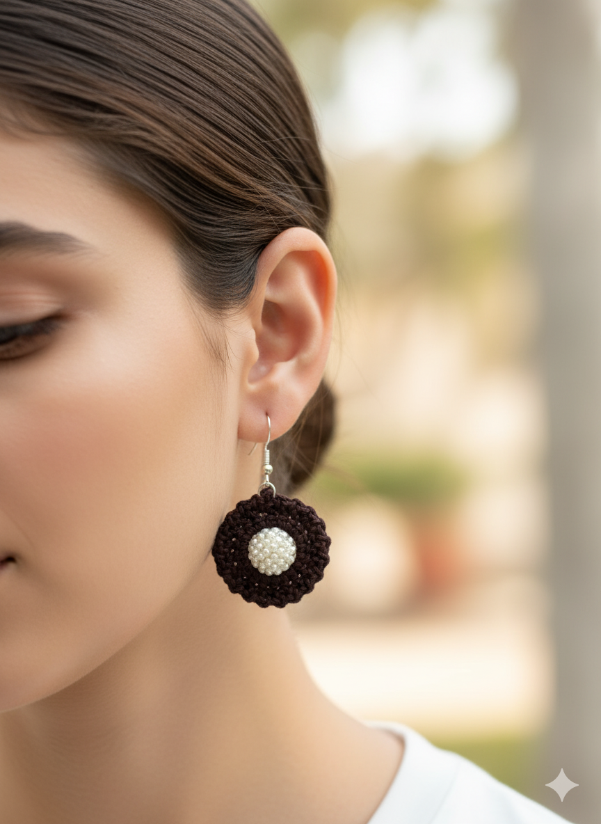 Brown Crochet Earrings with Pearl Center