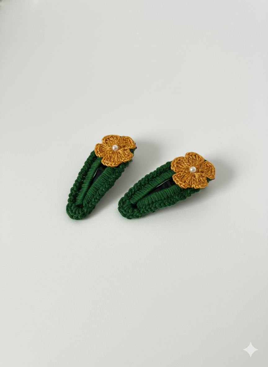 Handmade Mustard Yellow Floral Crochet Hair Clip (Pair of 2)