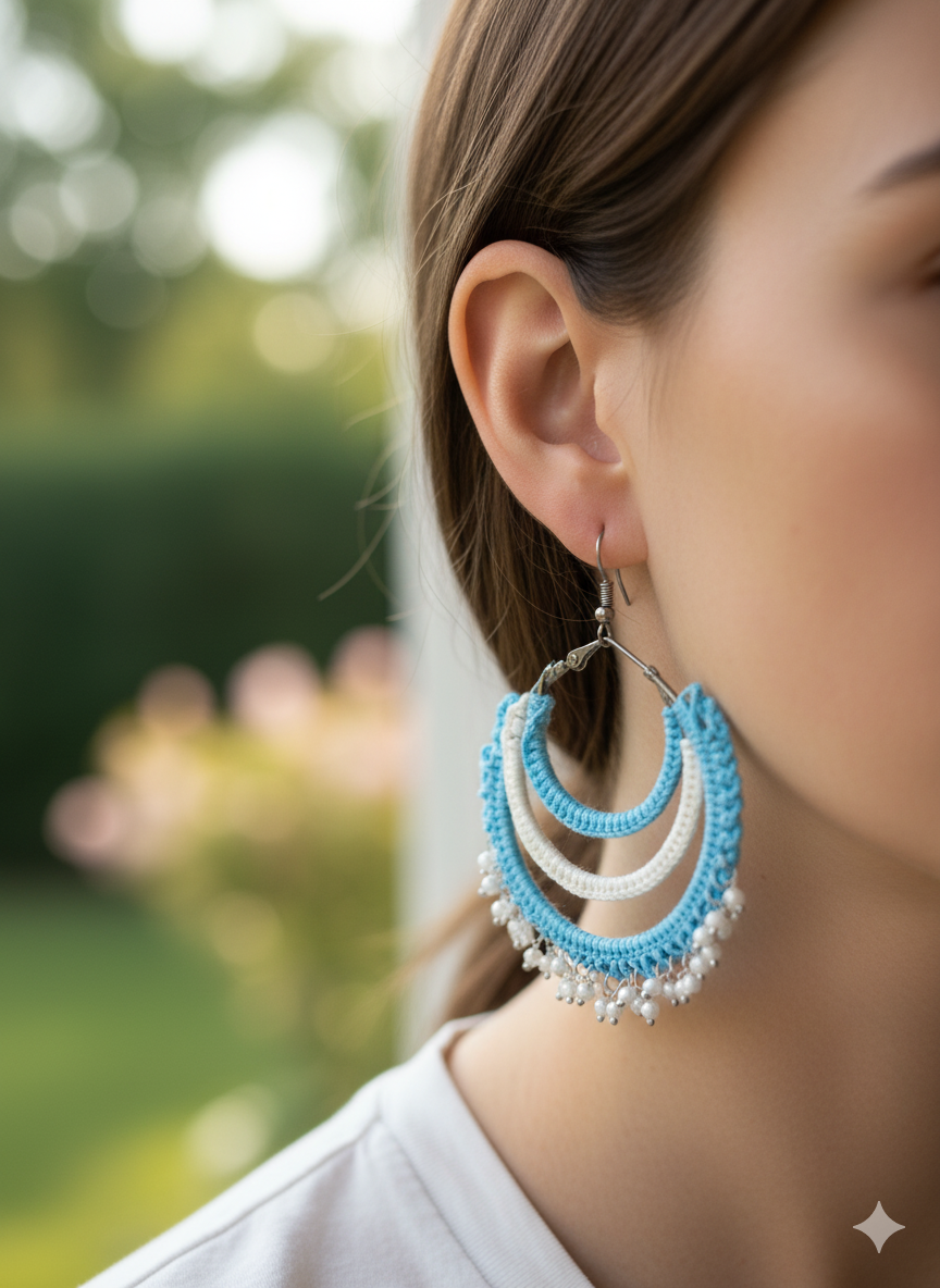 Handmade Blue & White Crochet Hoop Earrings