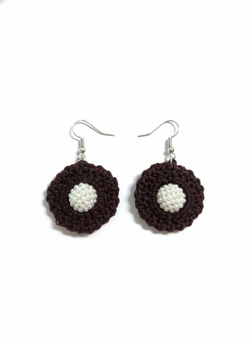 Brown Crochet Earrings with Pearl Center