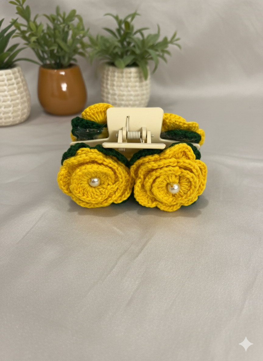 Handmade Yellow Floral Crochet Hair Claw Clip