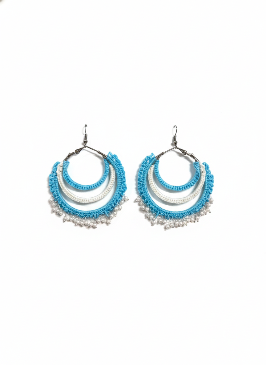 Handmade Blue & White Crochet Hoop Earrings