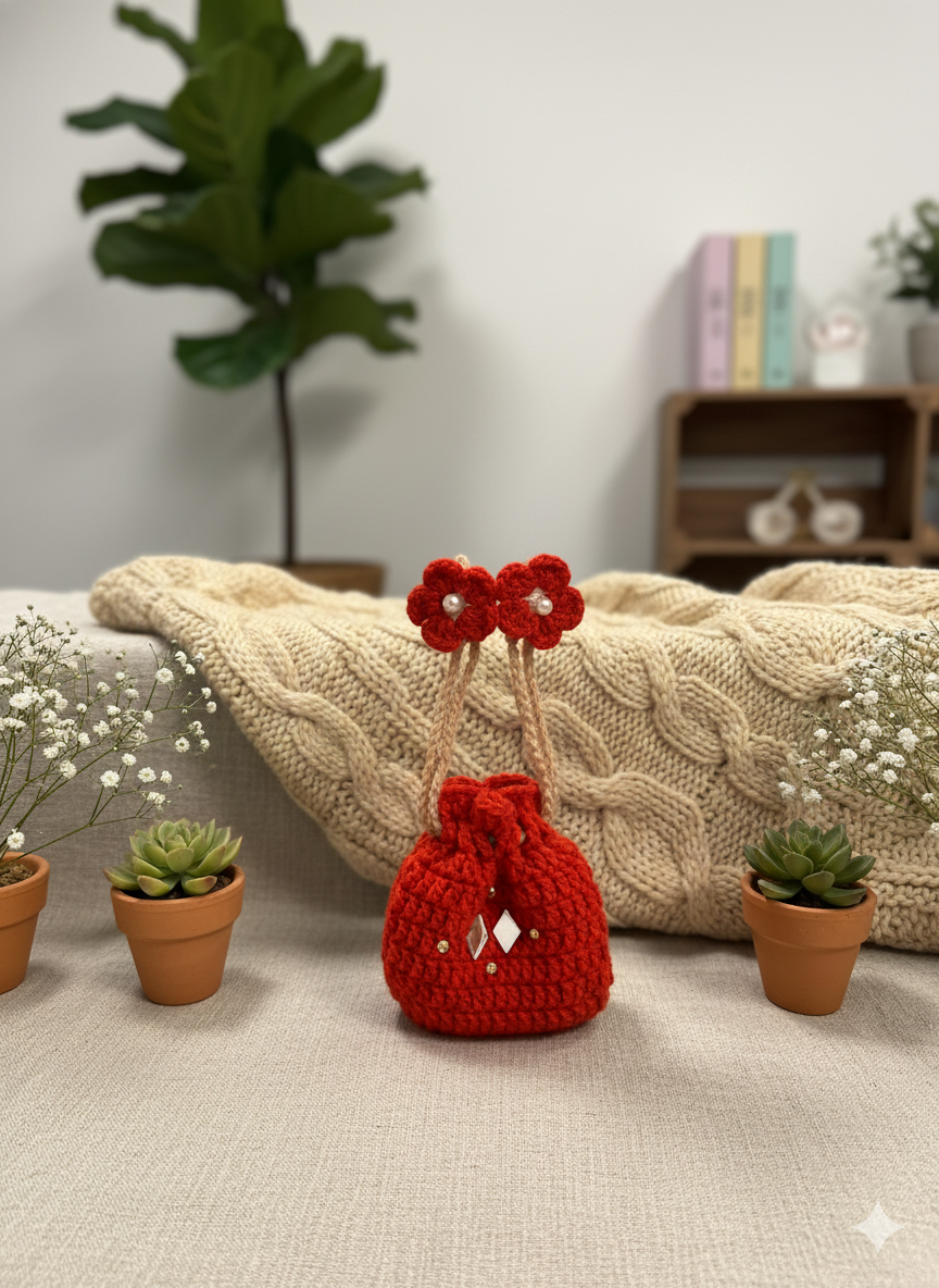 Handmade Orange Crochet Potli Bag with Floral Tassels