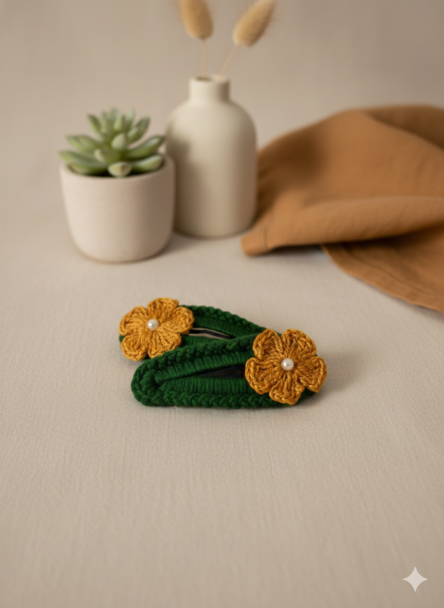 Handmade Mustard Yellow Floral Crochet Hair Clip (Pair of 2)
