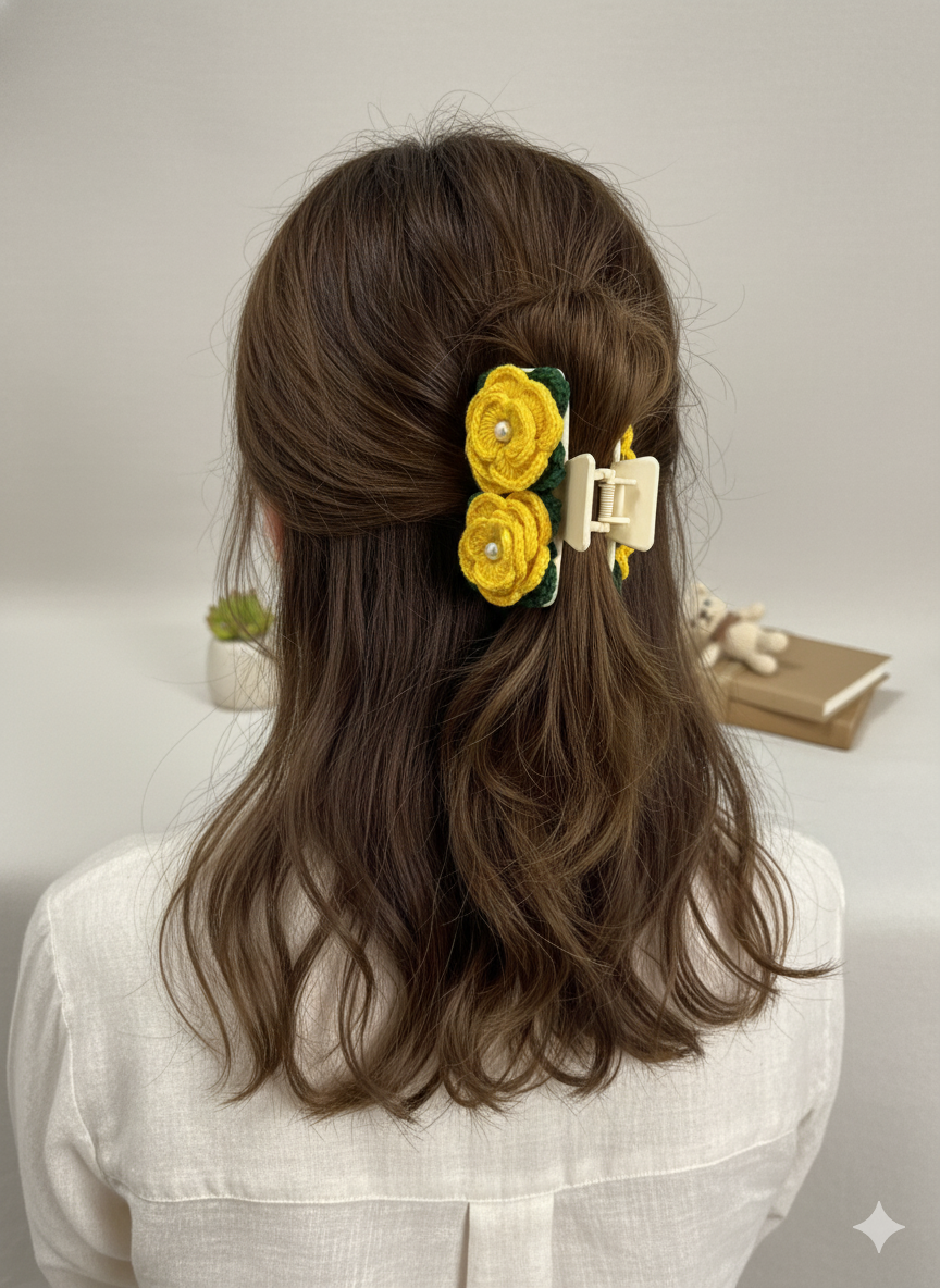 Handmade Yellow Floral Crochet Hair Claw Clip
