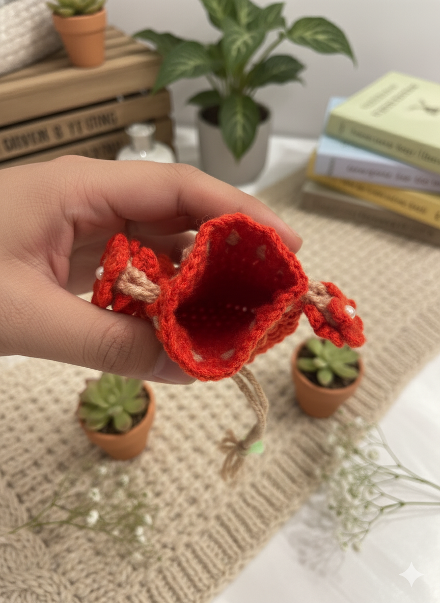 Handmade Orange Crochet Potli Bag with Floral Tassels