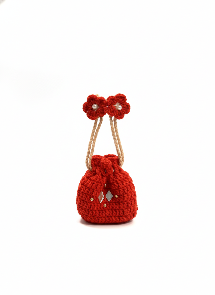 Handmade Orange Crochet Potli Bag with Floral Tassels
