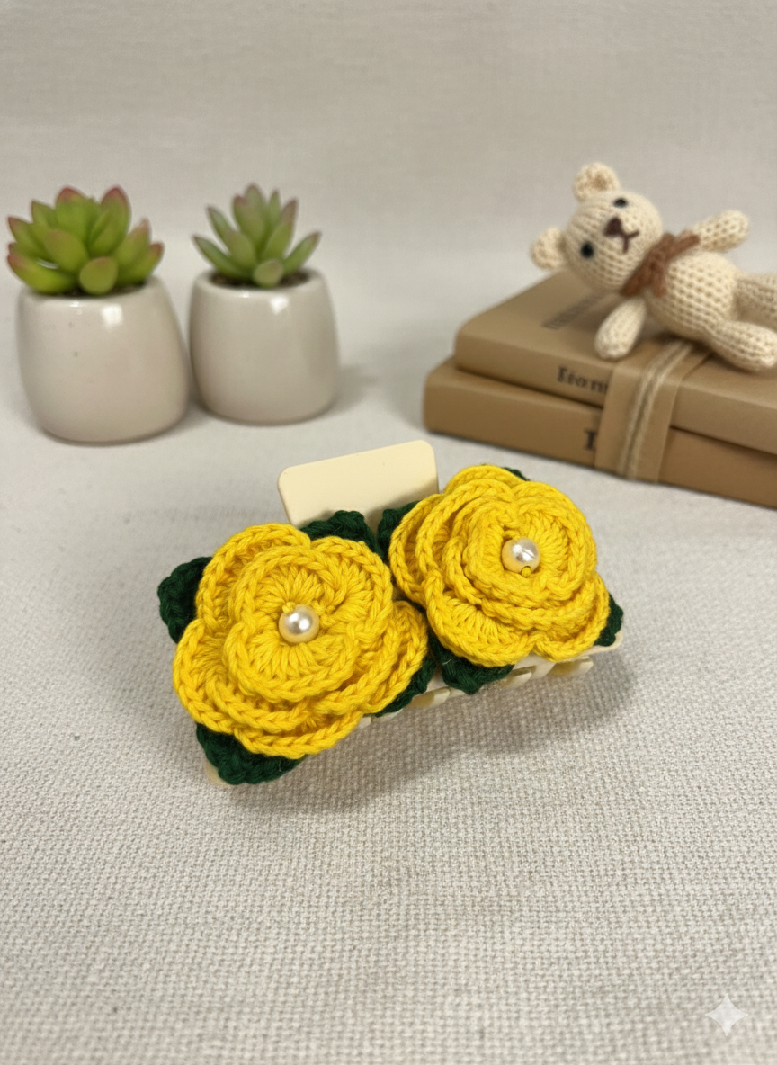 Handmade Yellow Floral Crochet Hair Claw Clip