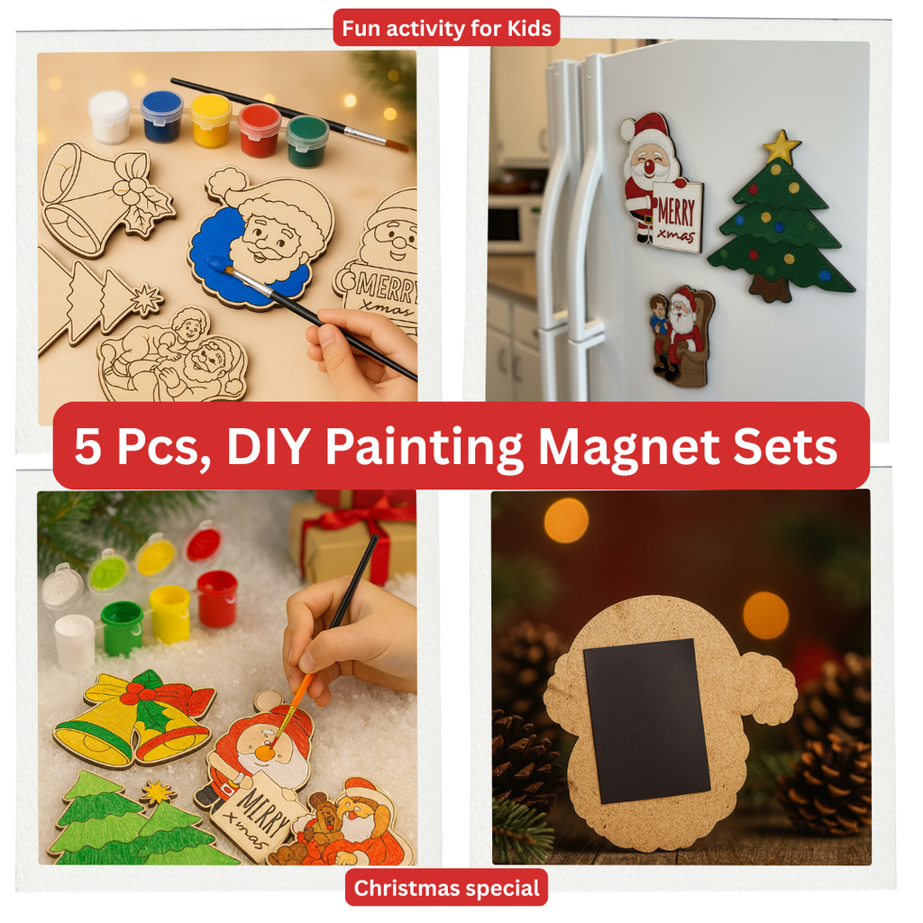 DIY Woodies Christmas Special Crafting Kit - 5 wood magnets, 6 painting colors and a brush | Perfect for Gifting