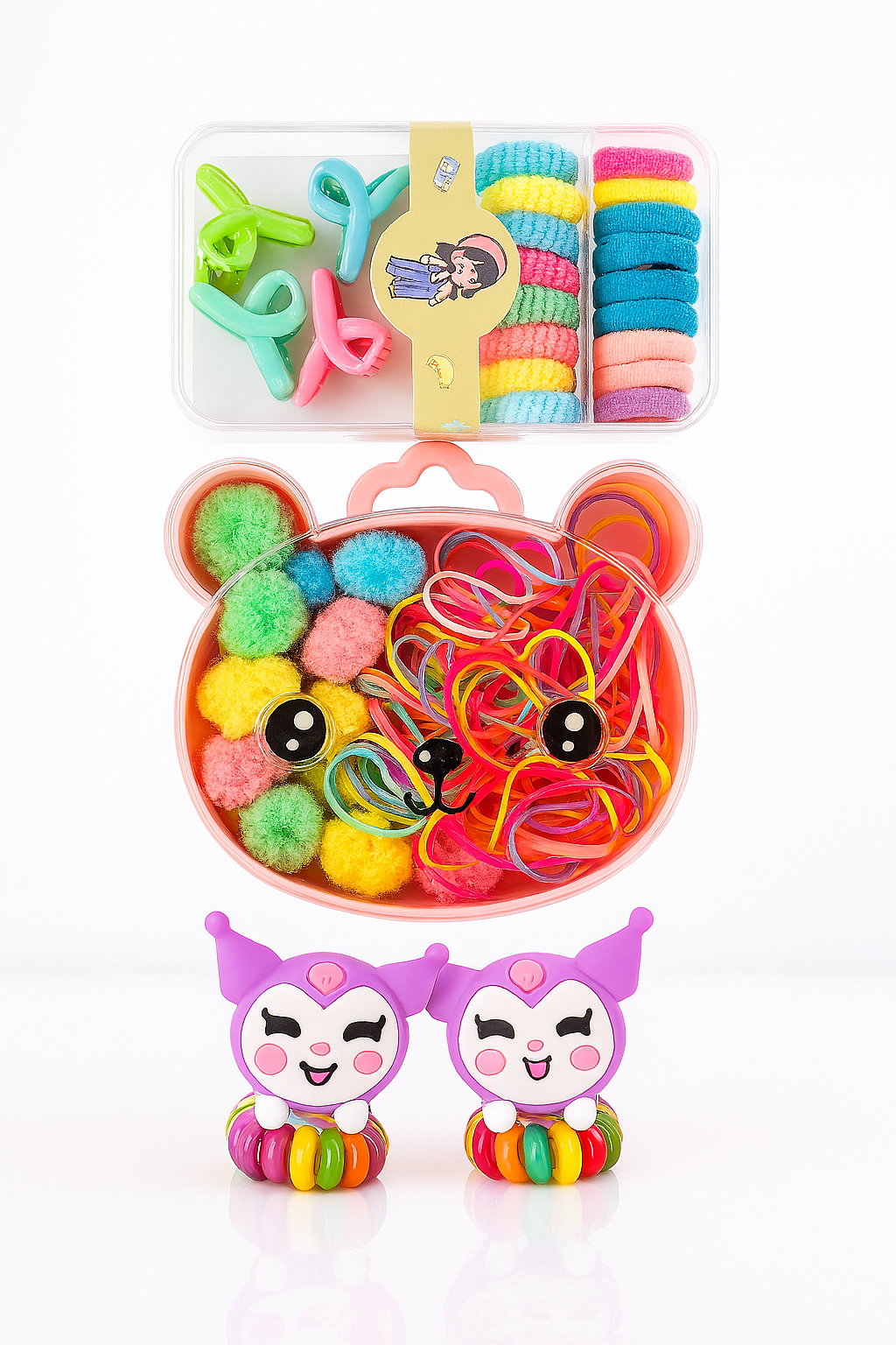 Whumies Kids Hair Accessory Set - Multicolor Rubber Bands, Hair Ties, small clutures & Cartoon spiral for Braids & Pigtails