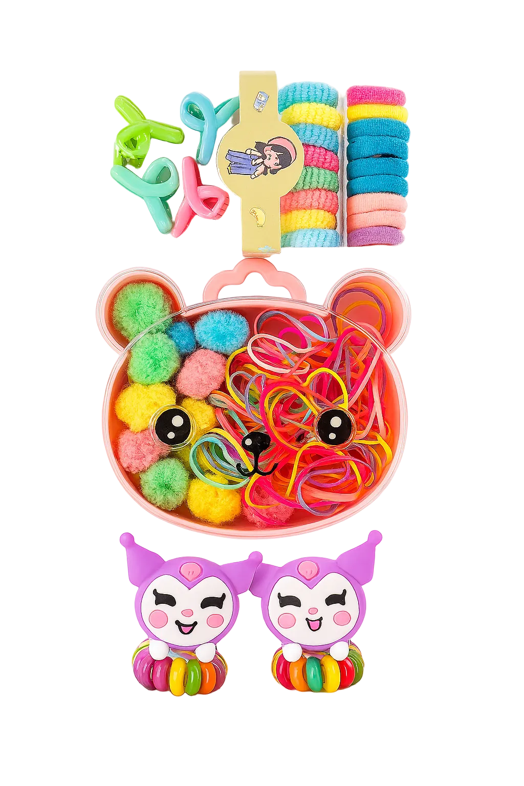 Colorful hair accessories set with a bear-shaped container on a white background