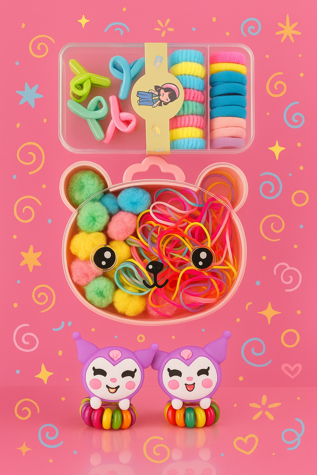 Whumies Kids Hair Accessory Set - Multicolor Rubber Bands, Hair Ties, small clutures & Cartoon spiral for Braids & Pigtails