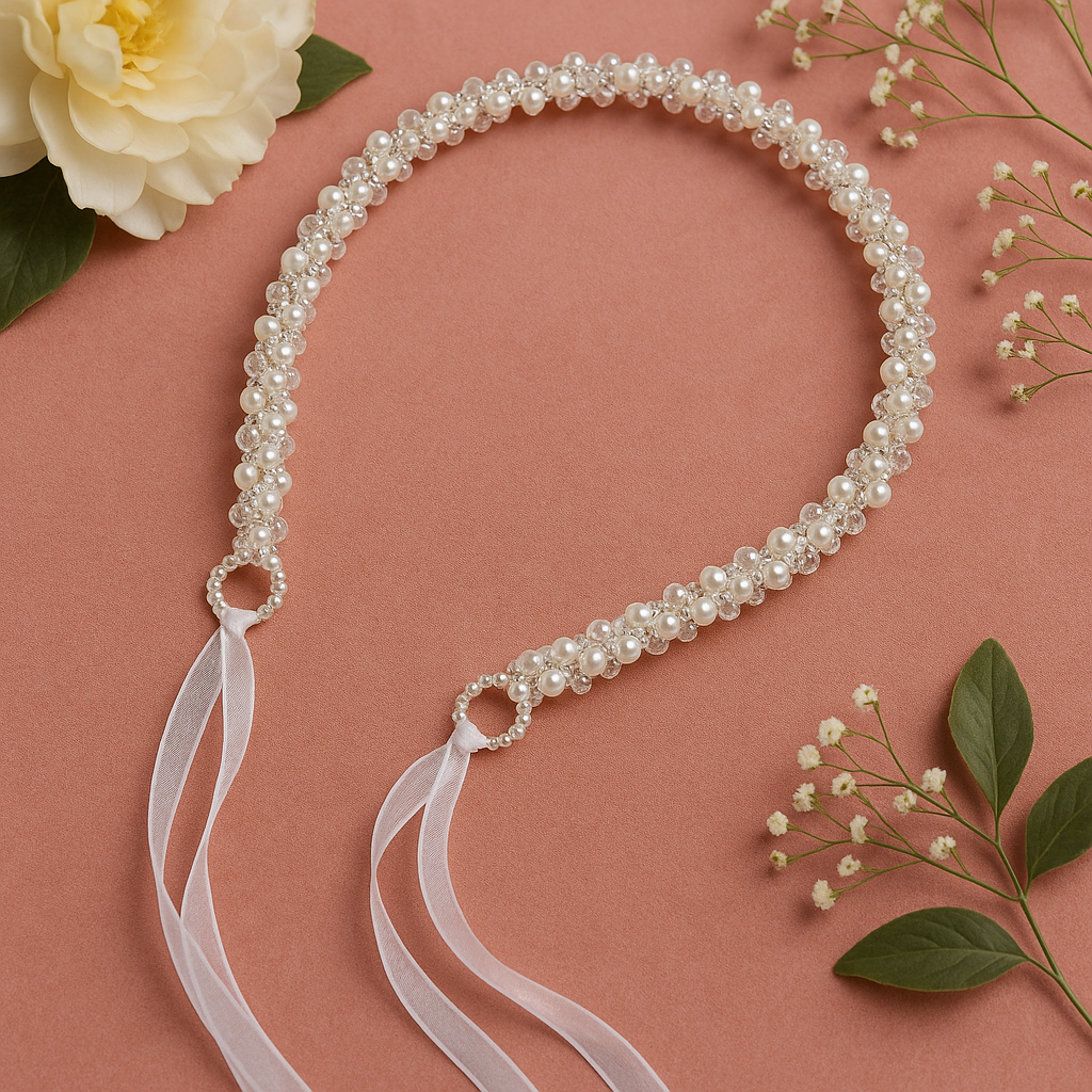 Whumies Pearl Party Tiara – White Beaded Hairband with Satin Ribbons for Girls | Fancy Hair Accessory