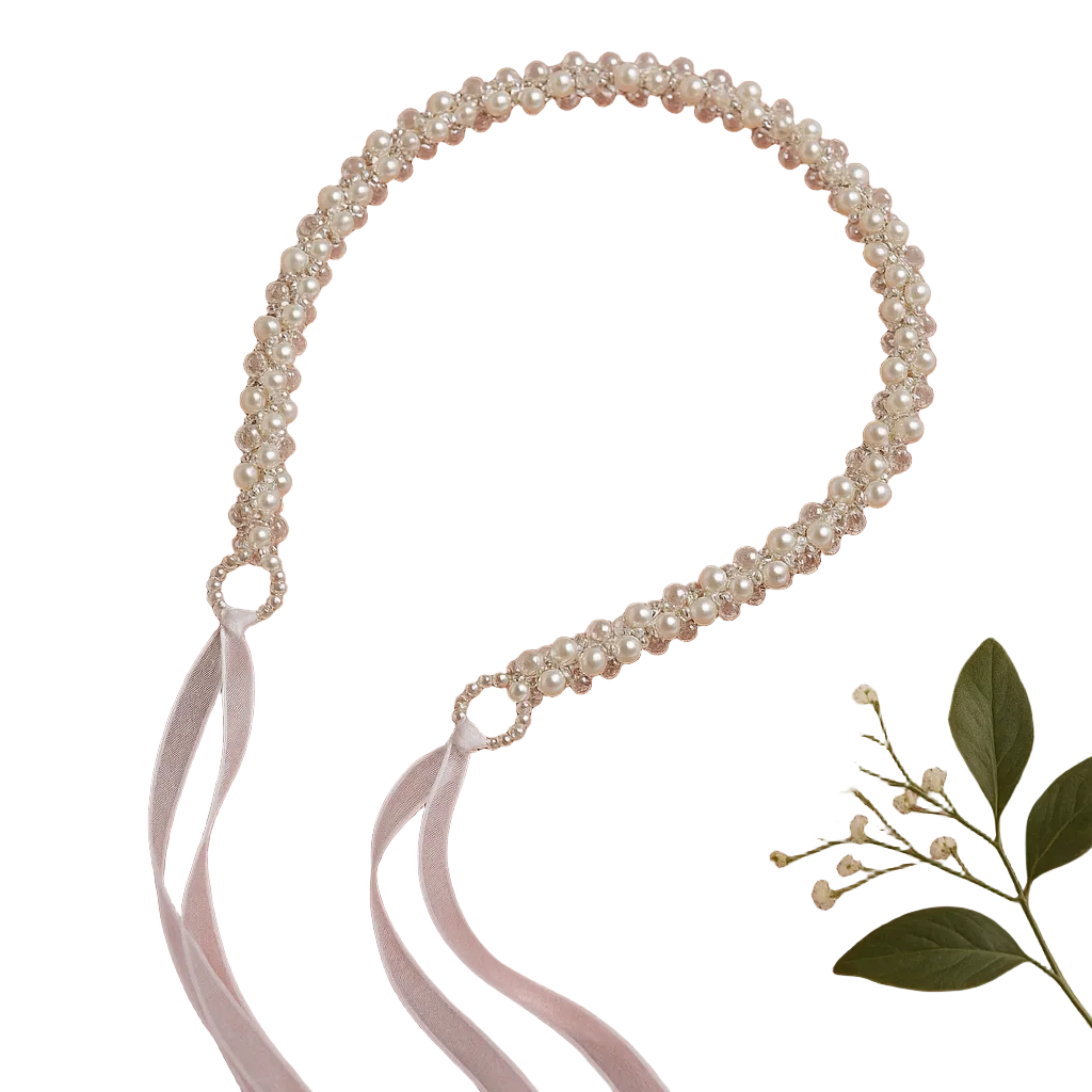 Pearl belt with ribbons on a pink background with flowers