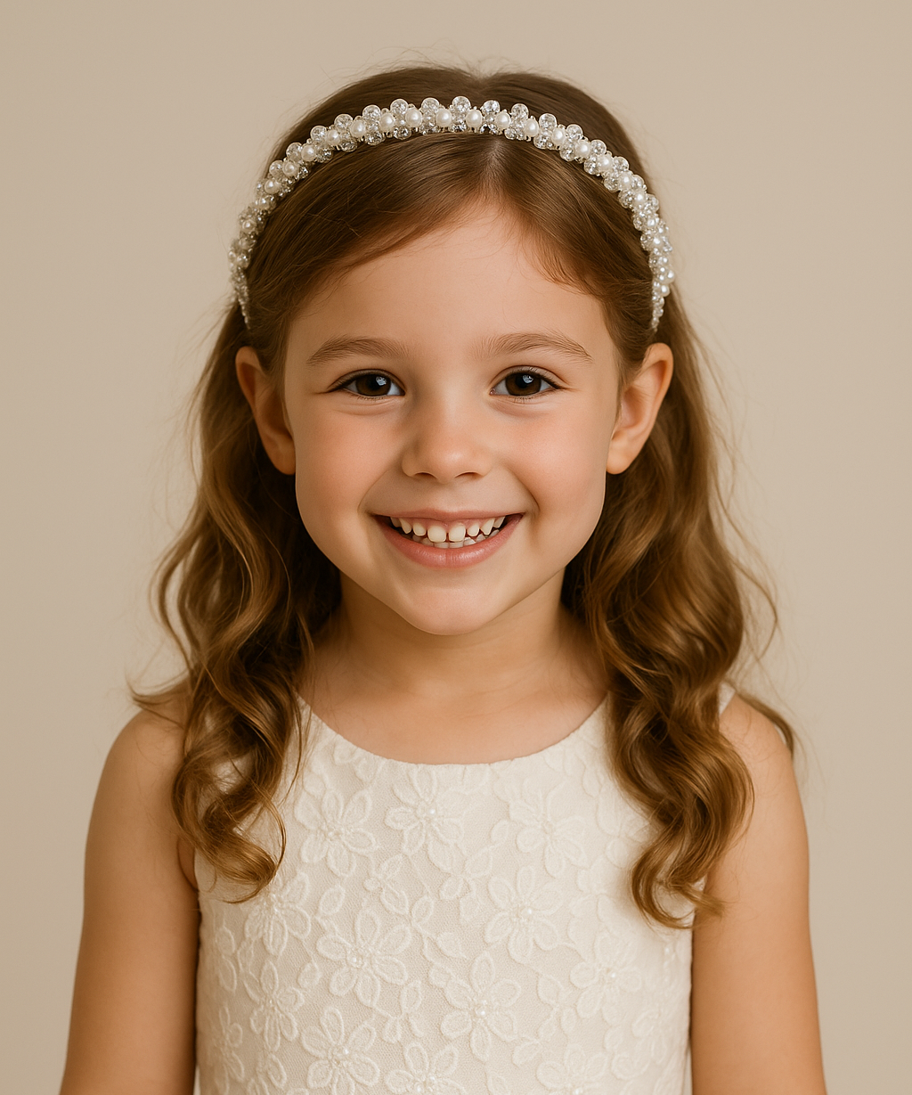 Pearl Party Tiara – White Beaded Hairband with Satin Ribbons for Girls | Fancy Hair Accessory