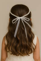 Pearl Party Tiara – White Beaded Hairband with Satin Ribbons for Girls | Fancy Hair Accessory