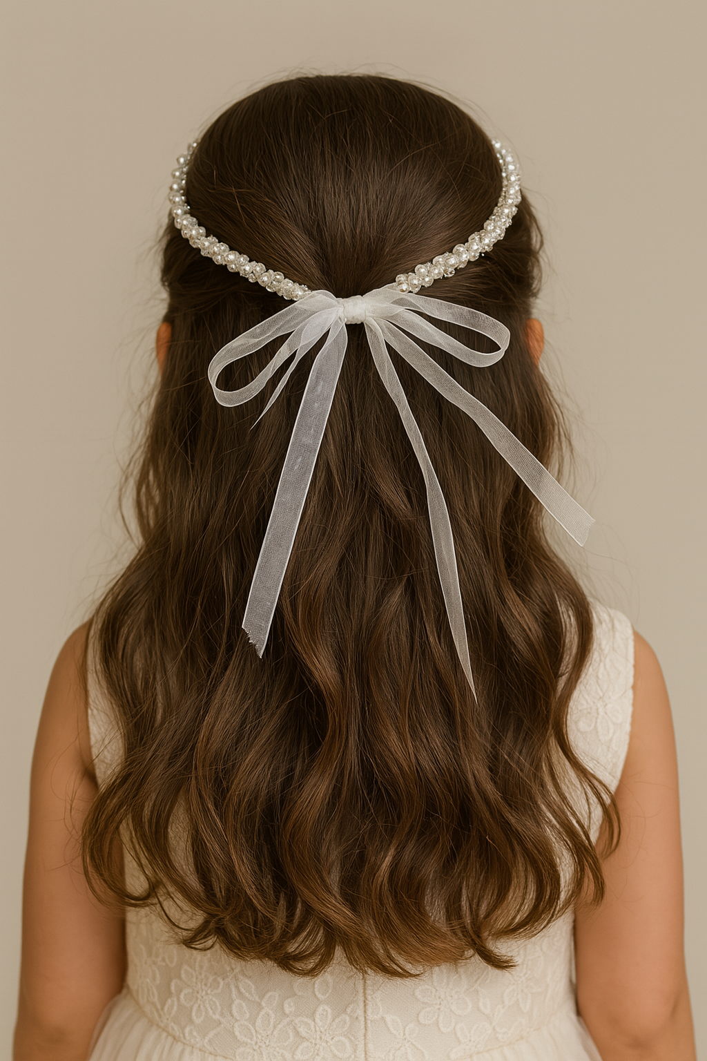 Pearl Party Tiara – White Beaded Hairband with Satin Ribbons for Girls | Fancy Hair Accessory
