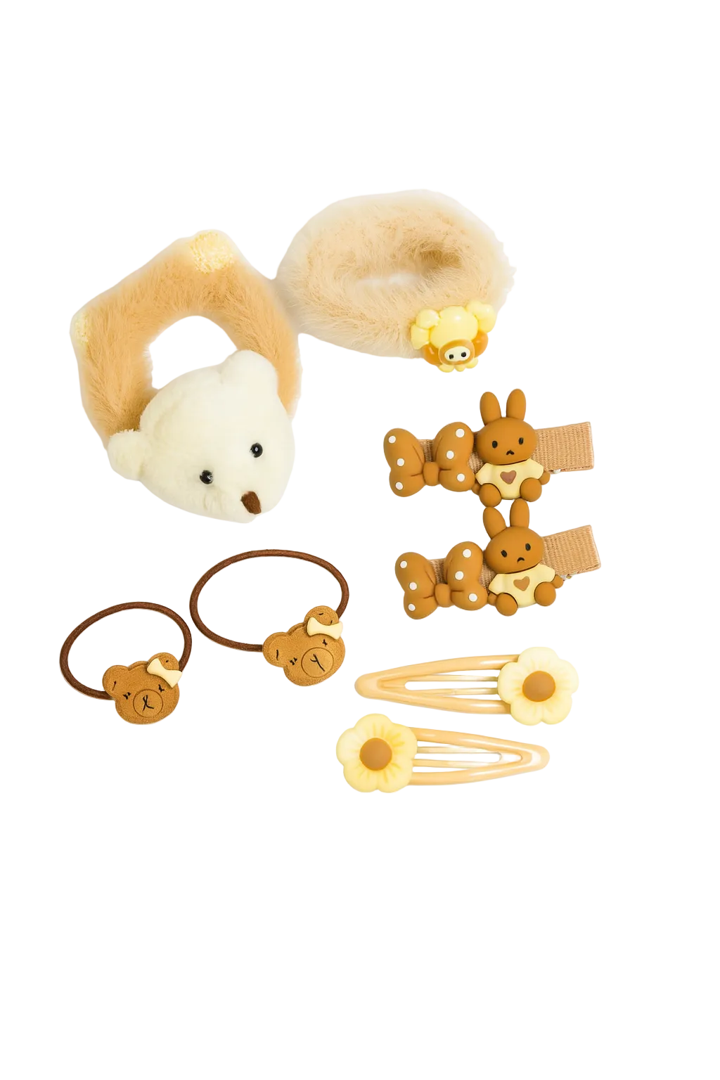 Set of children's hair accessories including a bear-shaped hair clip, a hair tie, and two hairpins on a white background.