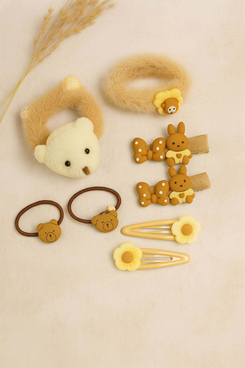Teddy & Bunny Hair Accessory Set for Girls – Designer Rubber Bands & Hair Clips for kids