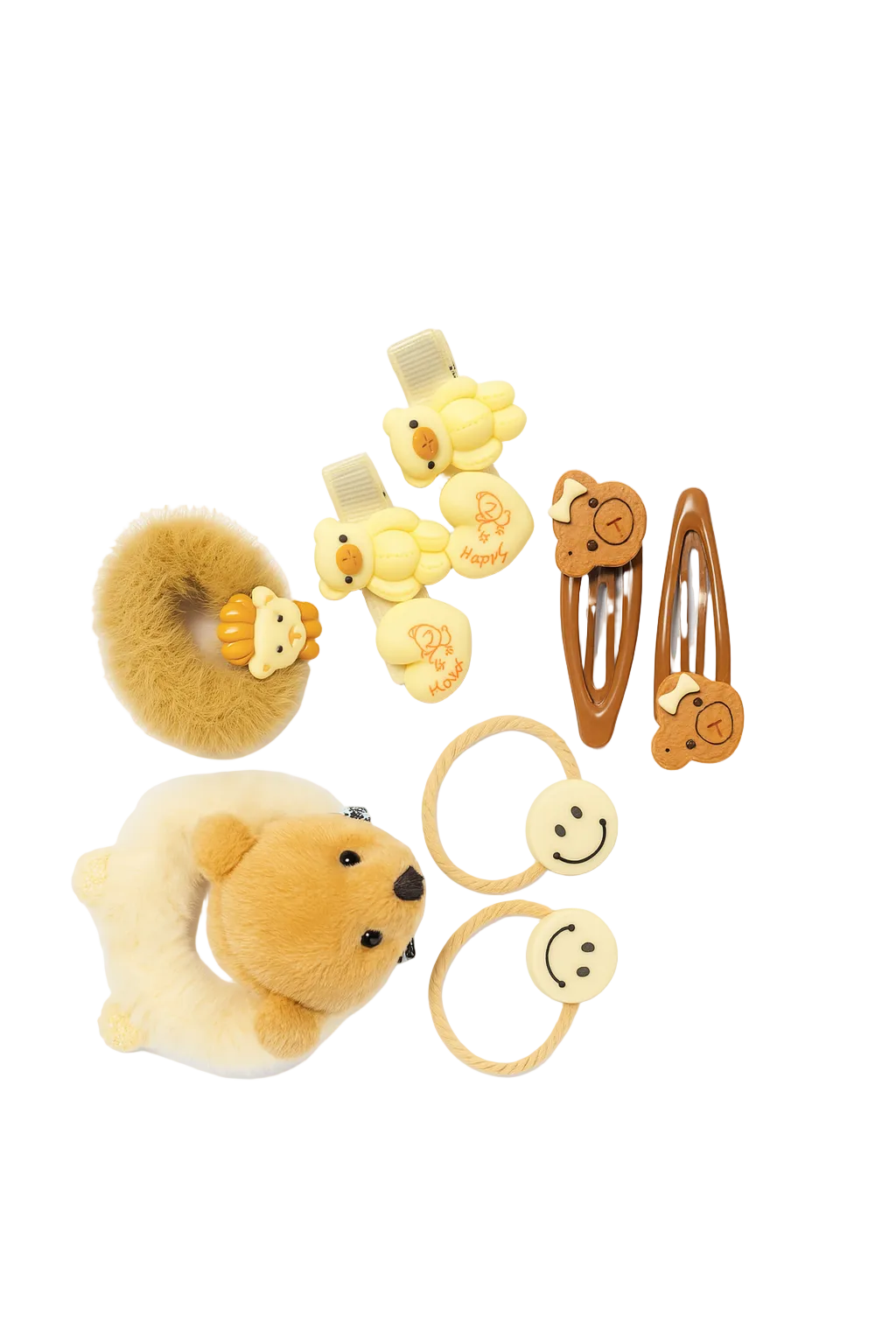 Collection of bear-themed hair accessories on a white background