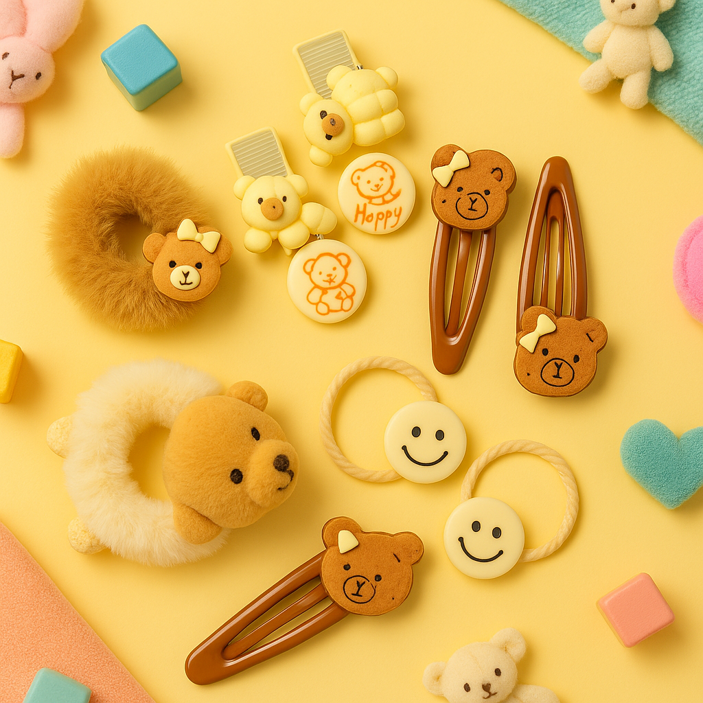 Whumies Cute Teddy & Bunny Hair Accessory Set for Girls – Designer Rubber Bands & Hair Clips for kids