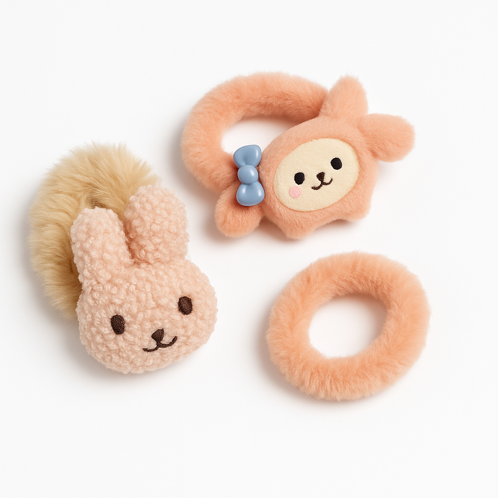 Whumies Fluffy Bunny Hair Accessory Duo – Plush Bunny hair tie & Cute Cartoon Hair Clip