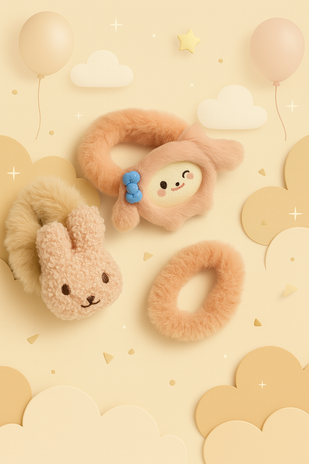 Whumies Fluffy Bunny Hair Accessory Duo – Plush Bunny hair tie & Cute Cartoon Hair Clip