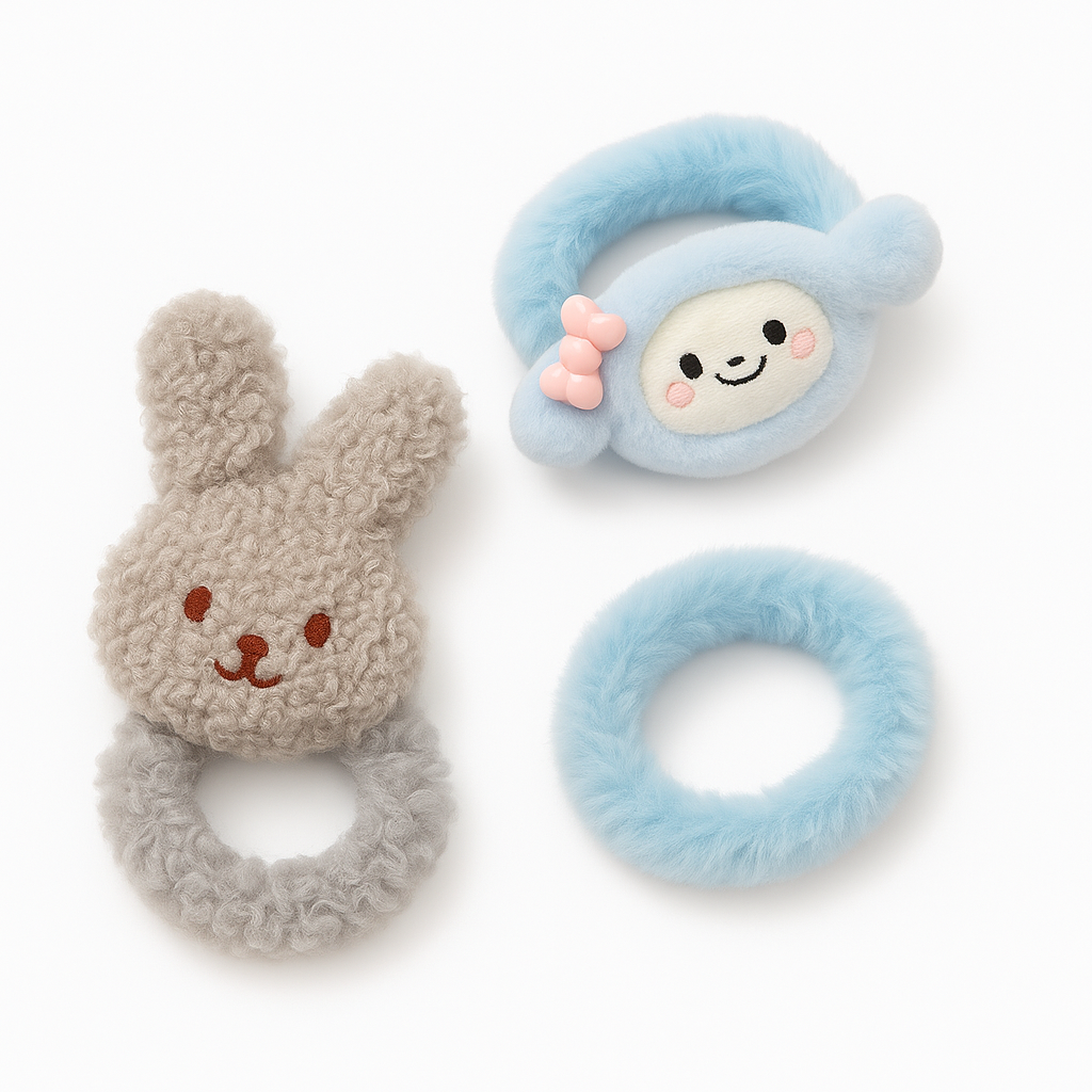 Fluffy Bunny Hair Accessory Duo – Plush Bunny hair tie & Cute Cartoon Hair Clip