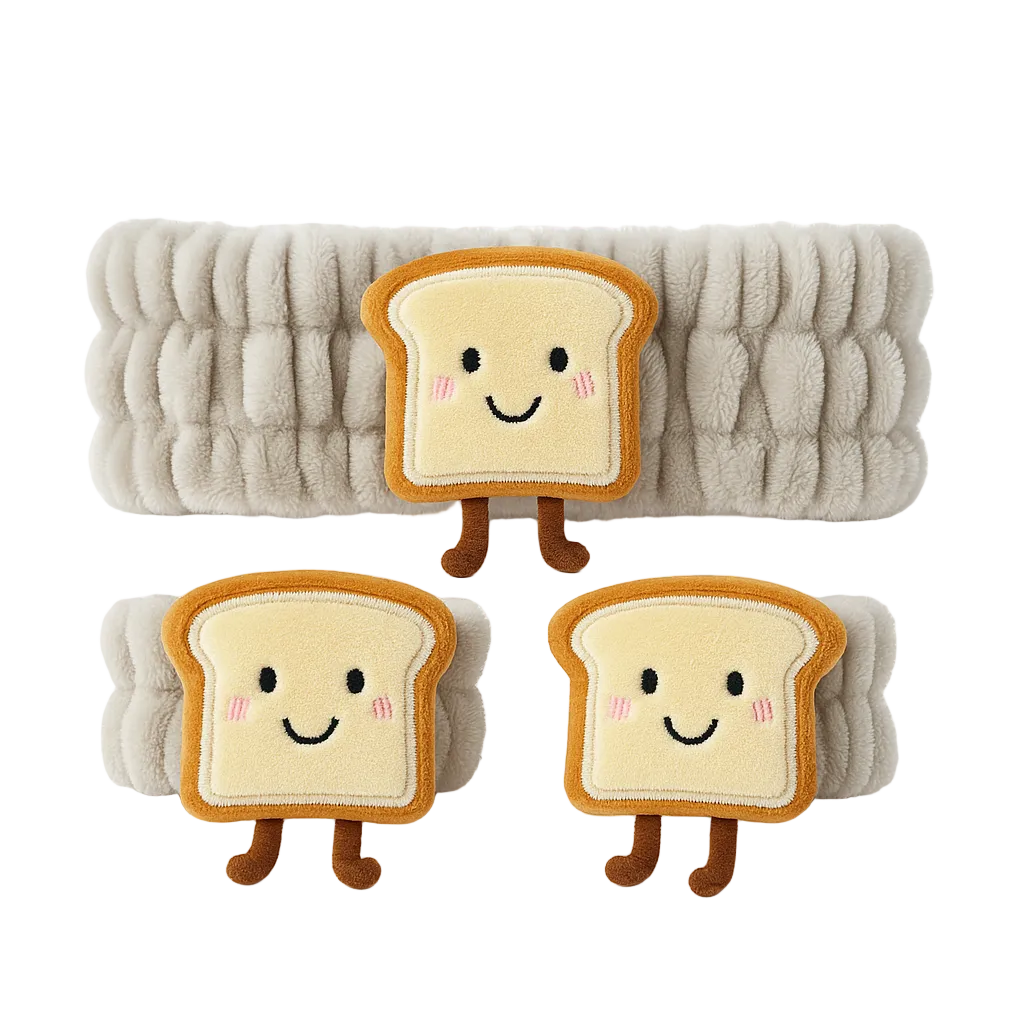 Plush toys shaped like slices of bread with smiling faces on a white background