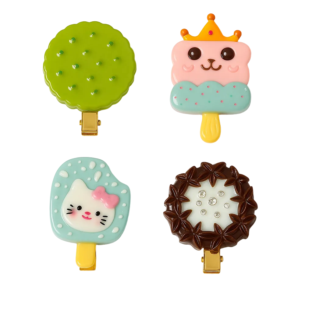 Set of four colorful clip-on accessories shaped like ice cream cones, a crown, a cat, and a wreath on a white background.