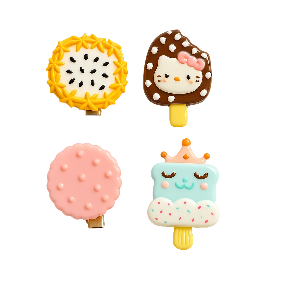Four colorful cookie-shaped hair clips on a white background