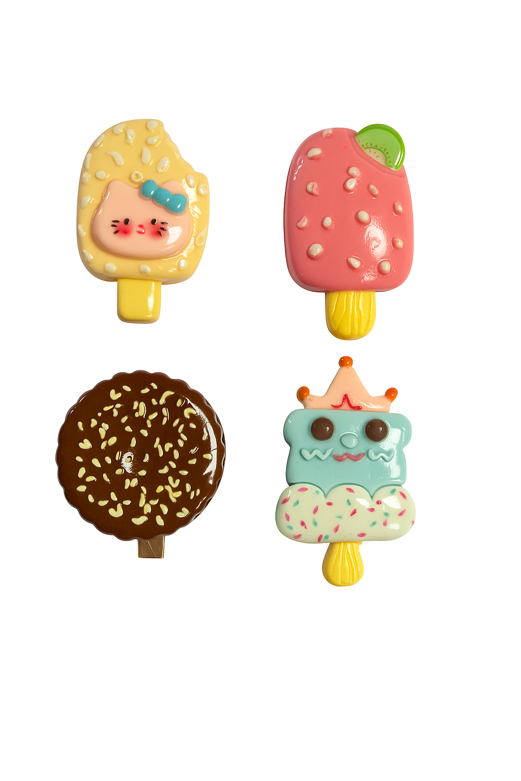 Four colorful ice cream-shaped hair clips on a white background
