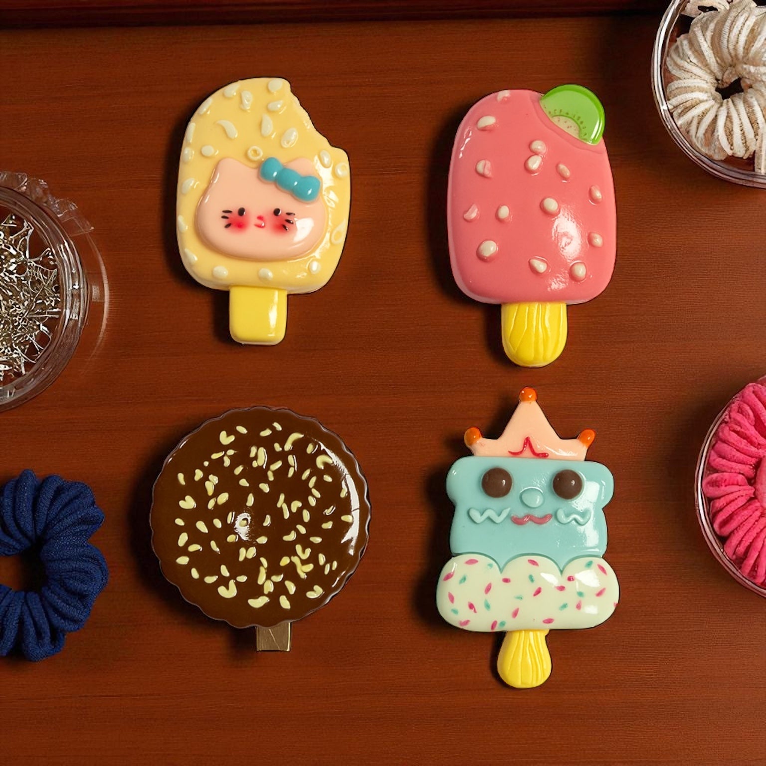Set of 4 Cute Popsicle & Cookie Hair Clips