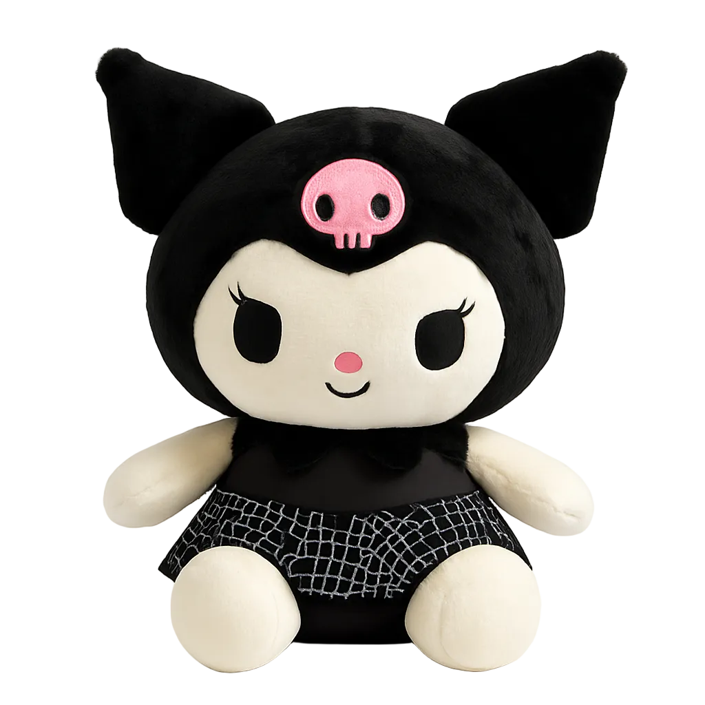 Plush toy with black head, pink skull, and white face on a white background