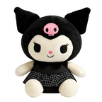 Plush toy with black head, pink skull, and white face on a white background