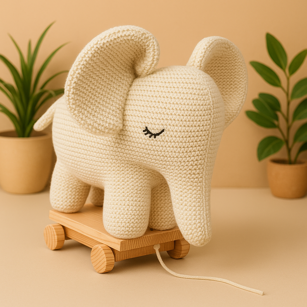 Whumies Knitted Soft Elephant Toy with Wooden Pull Cart