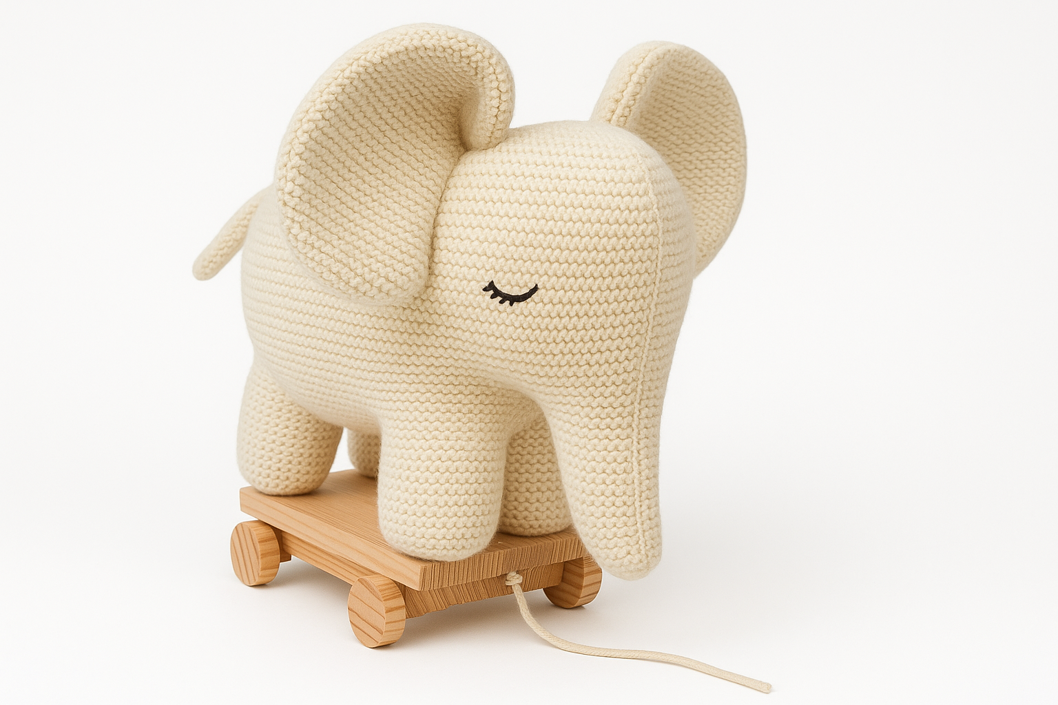 Whumies Knitted Soft Elephant Toy with Wooden Pull Cart