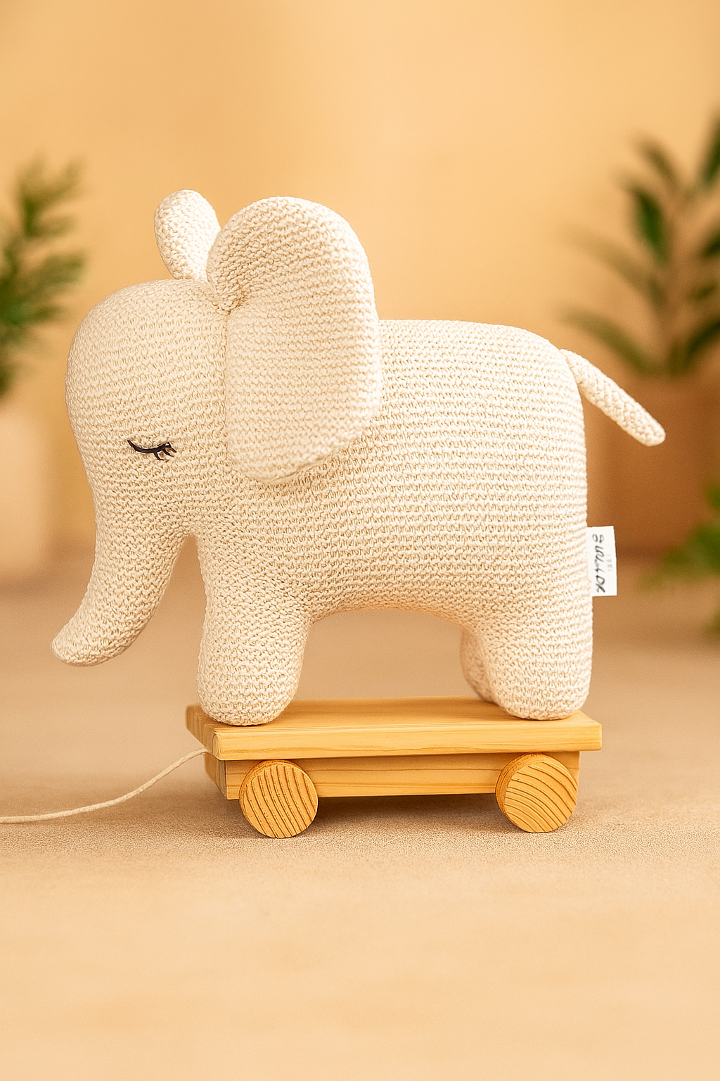 Whumies Knitted Soft Elephant Toy with Wooden Pull Cart