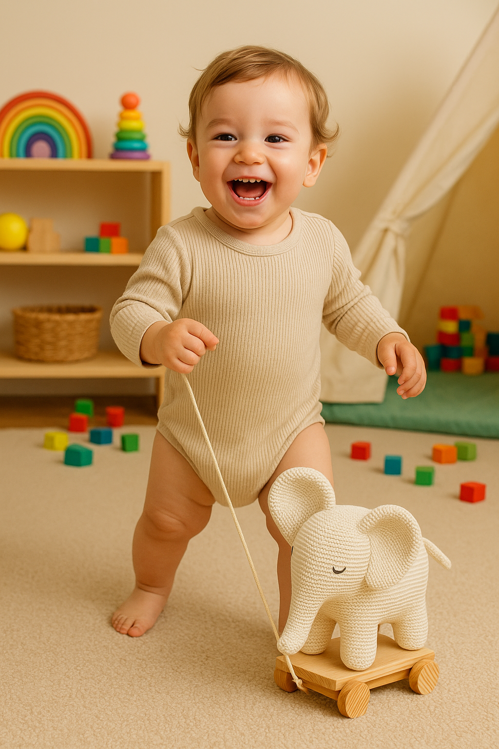 Whumies Knitted Soft Elephant Toy with Wooden Pull Cart